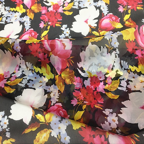 By The Yard/Meter ,Floral Print Black Silk Organza Fabric Width 44 inch，High Quality Suitable For Clothing