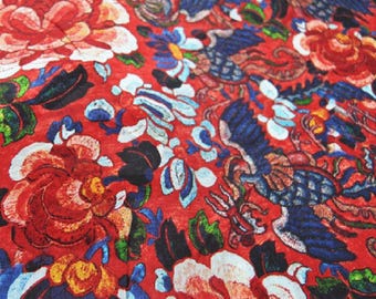 By The Yard/Meter,Floral Print Red Silk Crepe de Chine Fabric，Width 55 inch