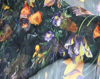 Flower Printed Silk Georgette Wide Silk Fabric，Summer Thin And Transparent，Silk Clothing Beach Skirt Fabric，Width 53 inch