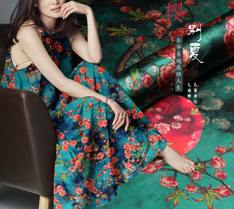 Cherry Blossom Floral Print Green Stretch Silk Satin Fabric Etsy