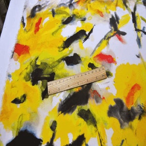 Ink Painting Print Yellow Silk Crepe de Chine Fabric,Width 55 inch,Silk Fabric,By The Yard
