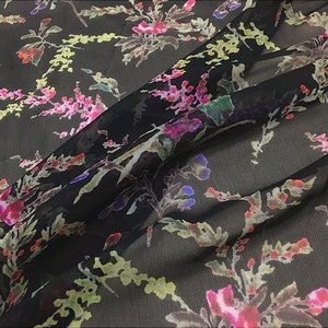 Silk Georgette Flower Print Fabric,Black Silk Georgette Fabric ,Width 53 inch