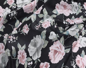 By The Yard/Meter,Floral Print Black Silk Crepe de Chine Fabric Width 44 inch