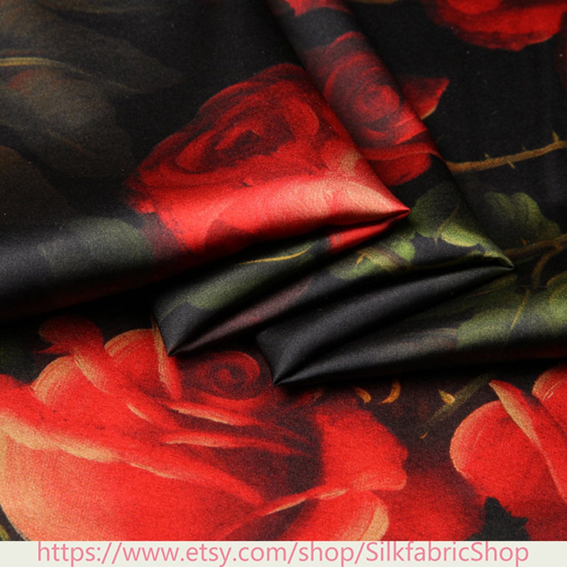 Red Rose Print Stretch Silk Satin Black Fabric Width 46 inch Etsy