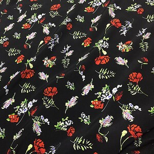Plant Floral Print Black Silk Crepe de Chine Fabric Width 53 inch