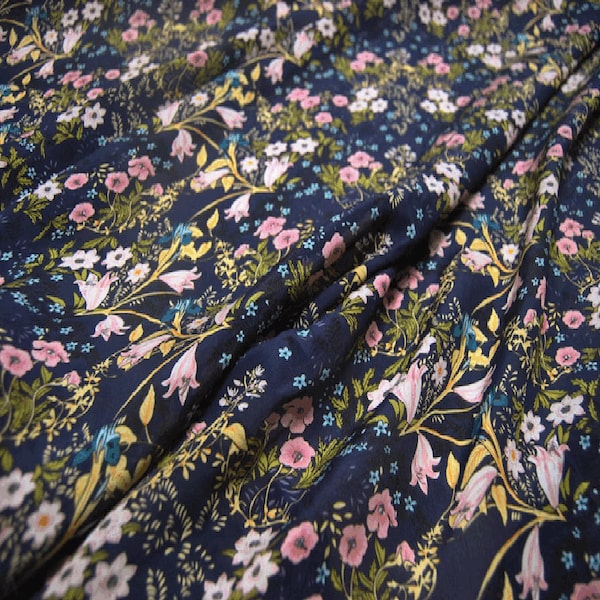 Plant Floral Print Navy Blue Silk Crepe de Chine Fabric,Width 44 inch,By The Yard/Meter