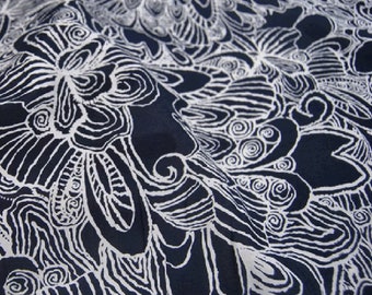 Silk Cotton Blend Fabric ,Flower Tree Print Navy BlueSilk Cotton Blend Print Fabric ,Fabrics In The Yard, Width 54 inch