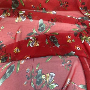 Flower Print Silk Georgette Red Fabric， Width 54 inch，By The Yard/Meter