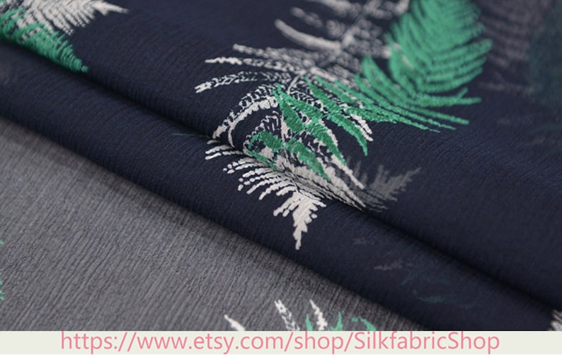 Tropical Leaves Botanical Floral Print Silk Georgette Dark Blue Fabric\uff0c Width 53 inch
