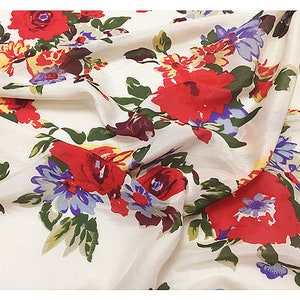 Floral Print Beige Silk Cotton Blend Fabric Width 55 inch