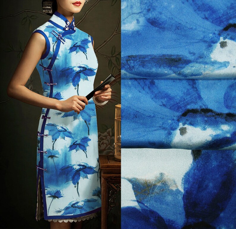 Floral Print Silk Stretch Satin Blue Fabric Width 46 inch Etsy