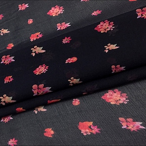 Pink Floral Print Silk Georgette Black Fabric，Width 54 inch