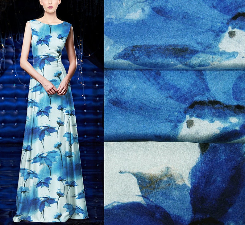 Floral Print Silk Stretch Satin Blue Fabric Width 46 inch Etsy