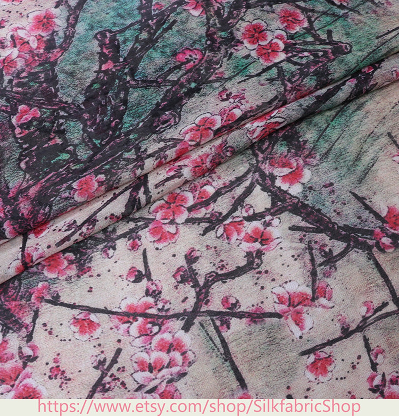 Plum Blossom Print Silk Linen Fabric silk Fabric Width 55 Etsy UK