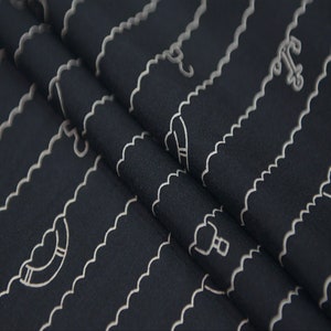 Wavy Line Print Black Silk Crepe De Chine Silk Fabric Width 53 inch