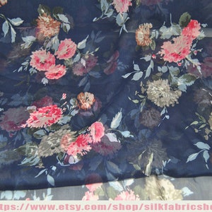 Florals Printed Silk Georgette Tibetan Cyan Fabric，In The Yard Fabric，Width 53 inch