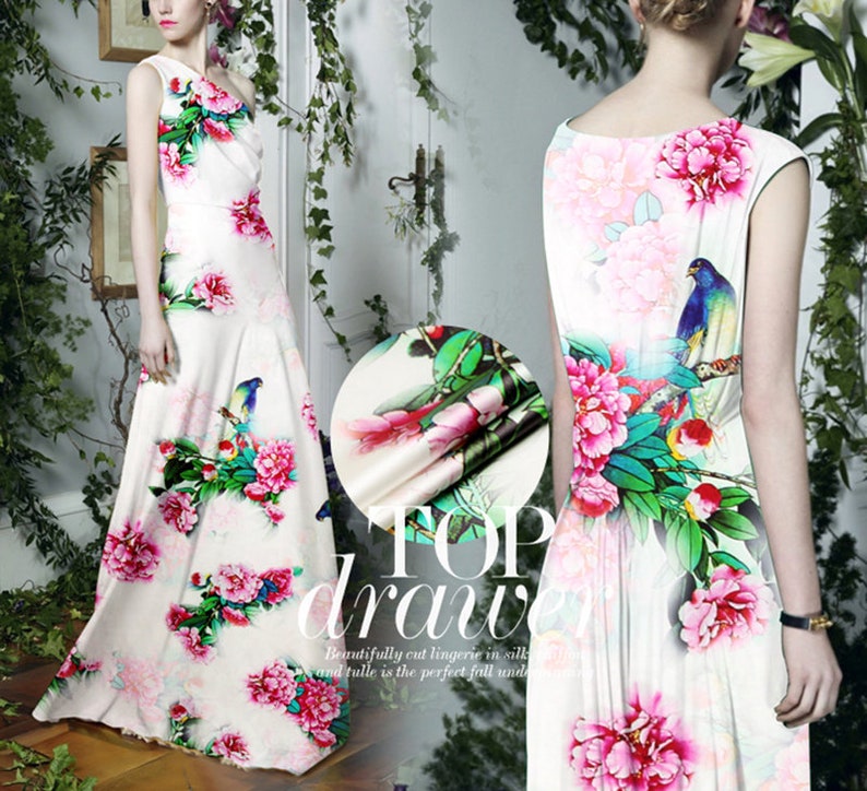 Peony Floral Print White Fabric Stretch Satin Fashion Width 46 inch