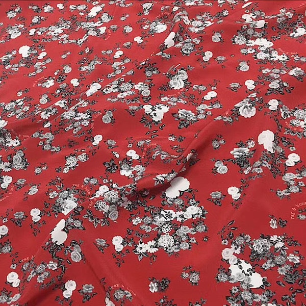 By The Yard/Meter,Floral Print Red Silk Crepe de Chine Fabric Width 44 inch