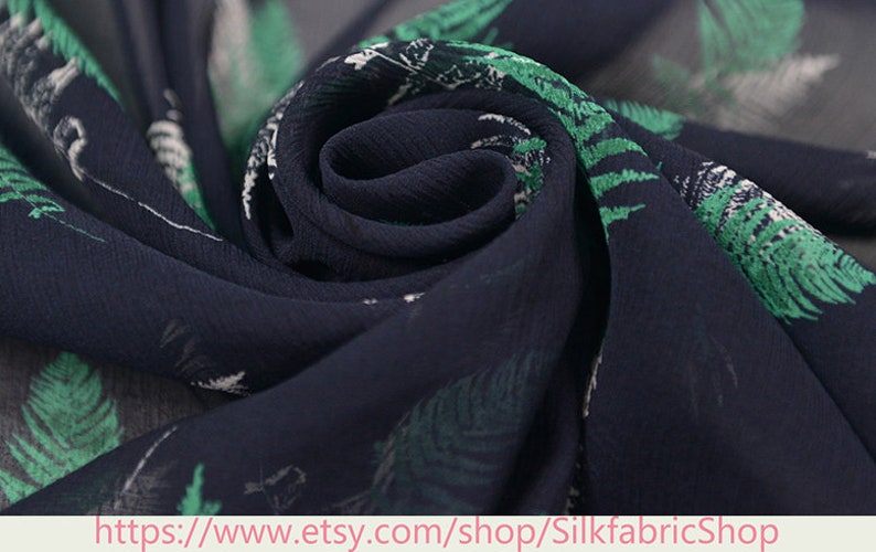 Tropical Leaves Botanical Floral Print Silk Georgette Dark Blue Fabric\uff0c Width 53 inch