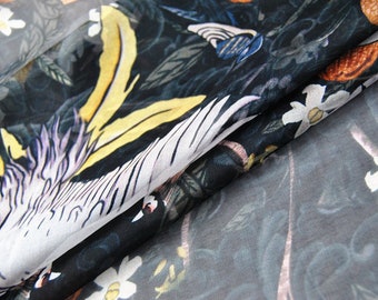 Super Beautiful Vintage Fairy Crane Floral Print 100% Pure Silk Chiffon Black Fabric, Width 53 inch