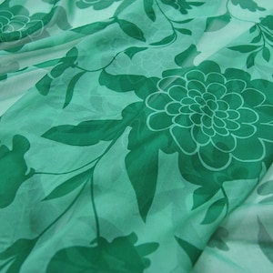 100% Pure Silk Chiffon，Flower Print Green Silk Chiffon Fabric Width 44 inch