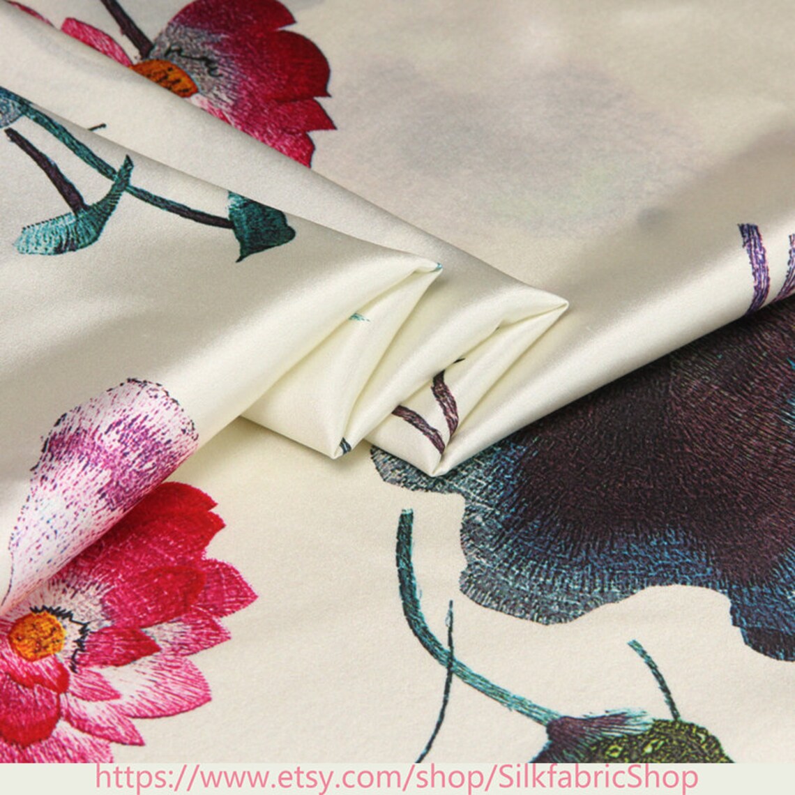 Lotus Floral Print Stretch Silk Satin White Fabric for Fashion Etsy