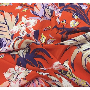 Plant Floral Print Red Silk Crêpe de Chine Fabric Width 55 inch