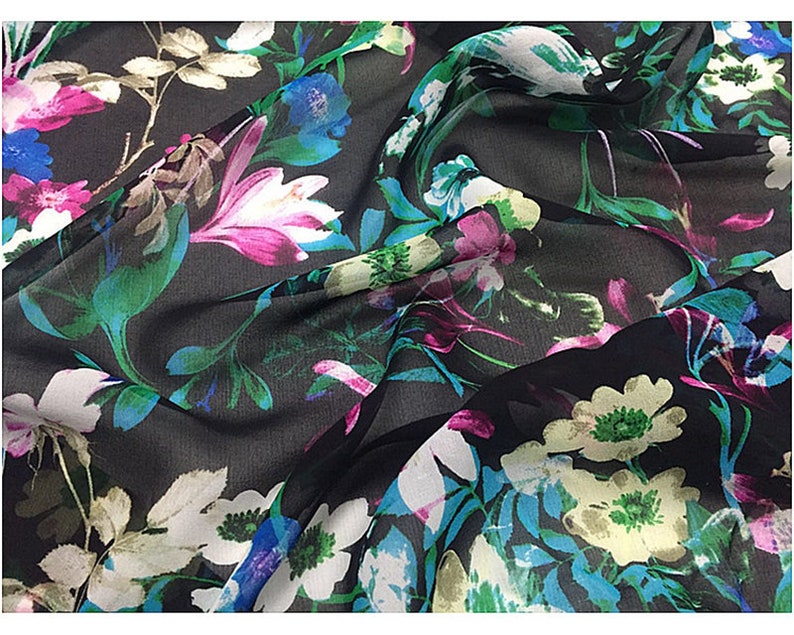 Floral Print Silk Georgette Black Fabric width 53 Inch - Etsy