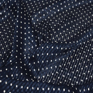 Silk Cotton Satin Strip Fabric ,Polka Dot Grid Print Navy Blue Silk Cotton Blend Print Fabric ,By The Yard/Meter Silk Fabric, Width 44 inch