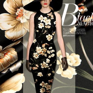 Orchid Grass Print Stretch Satin Black Fabric Fashion Width 46 inch