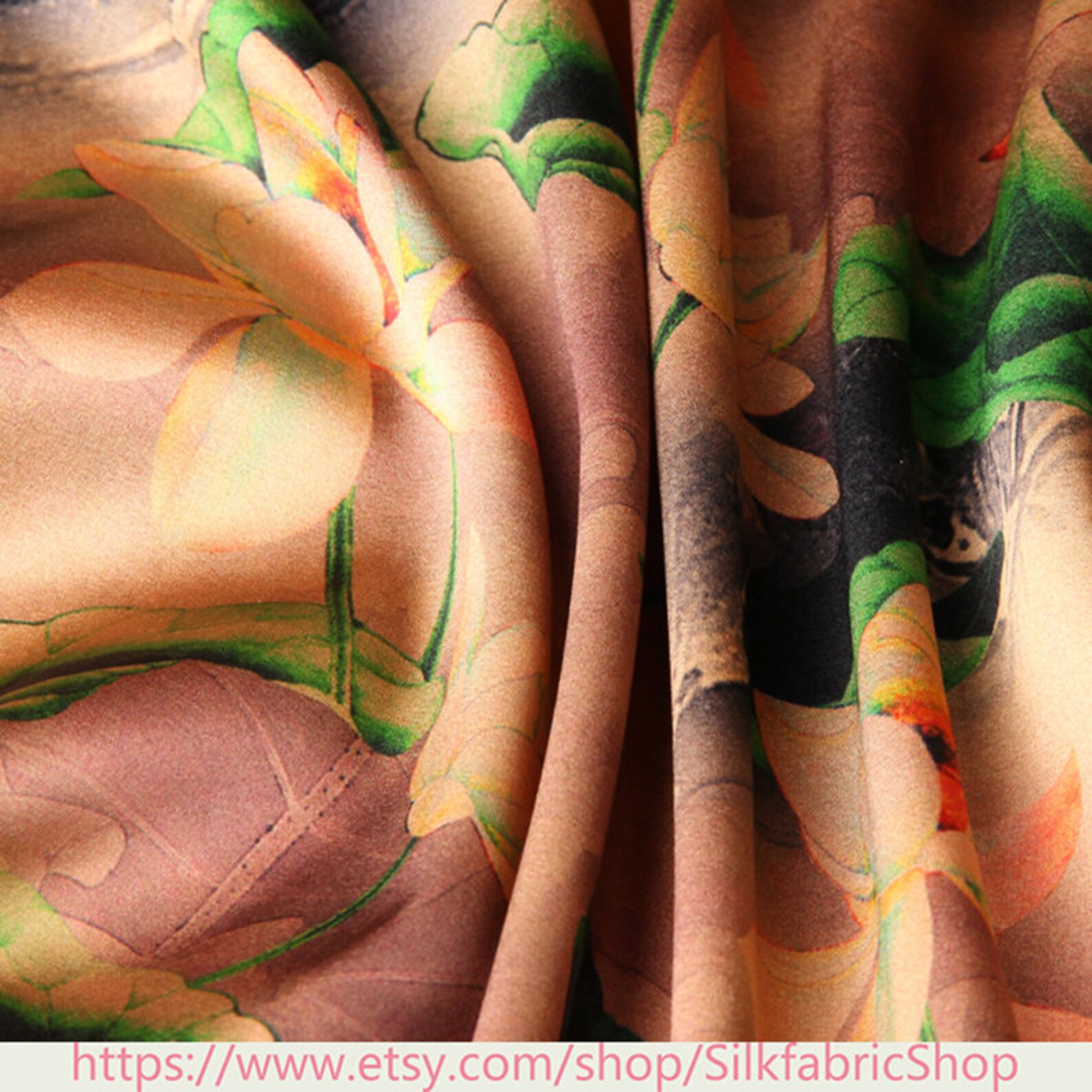Lotus Floral Print Stretch Silk Satin Brown Fabric Width 46 Etsy