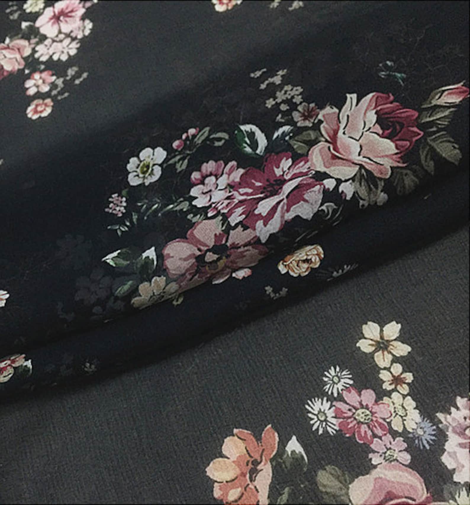 Silk Fabric Floral Print Silk Black Etsy