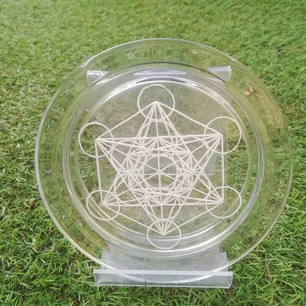 sous verre -Support rond en verre motif metatron 10cm de diamètre interieur ideal pour poser le sachet de thé ou une bouteille