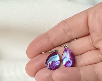 Purple and pearly drop-shaped designer earrings, painted glass on silver stainless steel, French designer jewelry