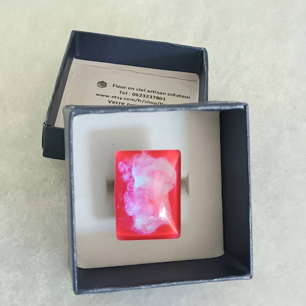 Bague de créateur goutte bicolore, modèle unique, change à la lumière, en verre peint sur acier inoxydable, support règlable