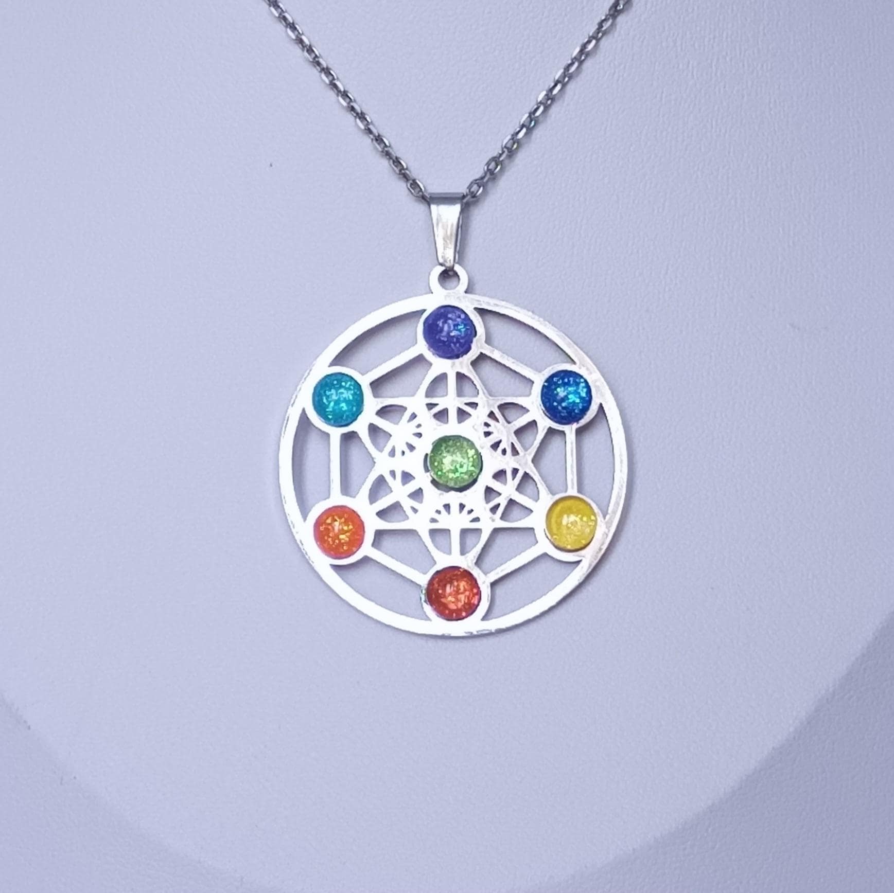 Pendentif Metatron En Acier Argenté - Symbole Des Chakras - Neuf Avec étiquette
