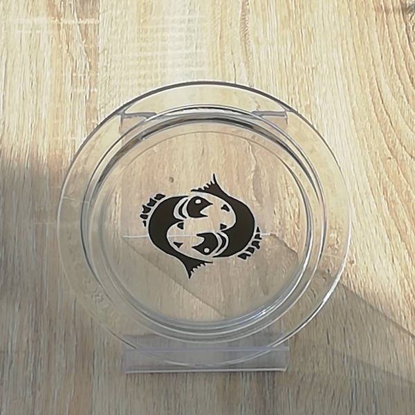 sous verre -Support rond en verre motif poissons 10cm de diamètre interieur ideal pour poser le sachet de thé ou une bouteille