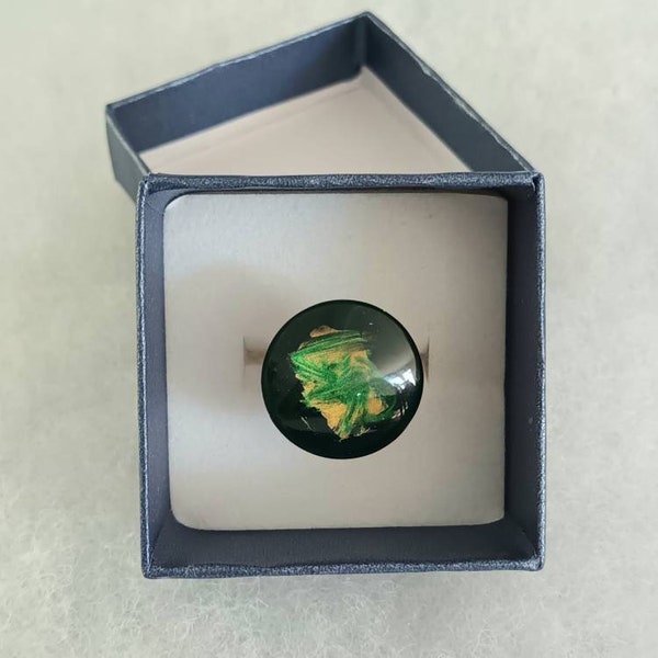 Bague de créateur ronde bicolore, modèle unique, change à la lumière, en verre peint sur acier inoxydable, support règlable