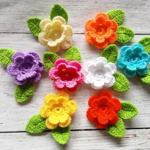 Set 21, 24, 27, 48 pieces crochet flowers with leaves handmade for decorations crafts DIY your project