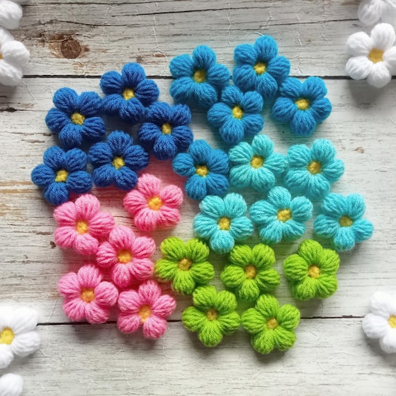 Crochet Puff Flowers, Mixed Colors, Handmade Appliques, Sew-on