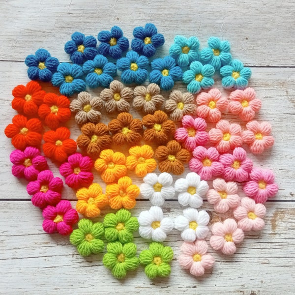 50 Pieces Crochet Puff Flowers Mixed colors Handmade Crochet Flowers Appliques,Sew-On 4 cm