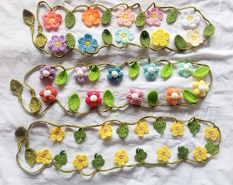 Crochet garlands bunting, flowers fall autumn leaves handmade craft DIY
