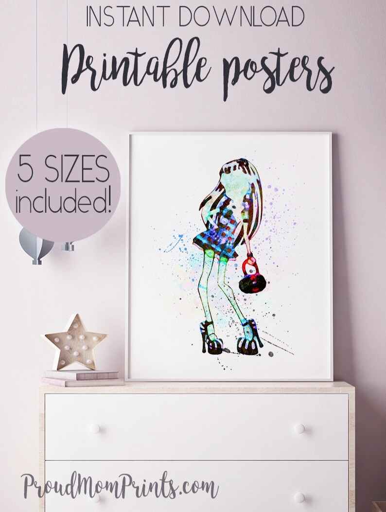 Monster High Wall Art Print Printable Decor Party Birthday Frankie Stein Watercolor Poster