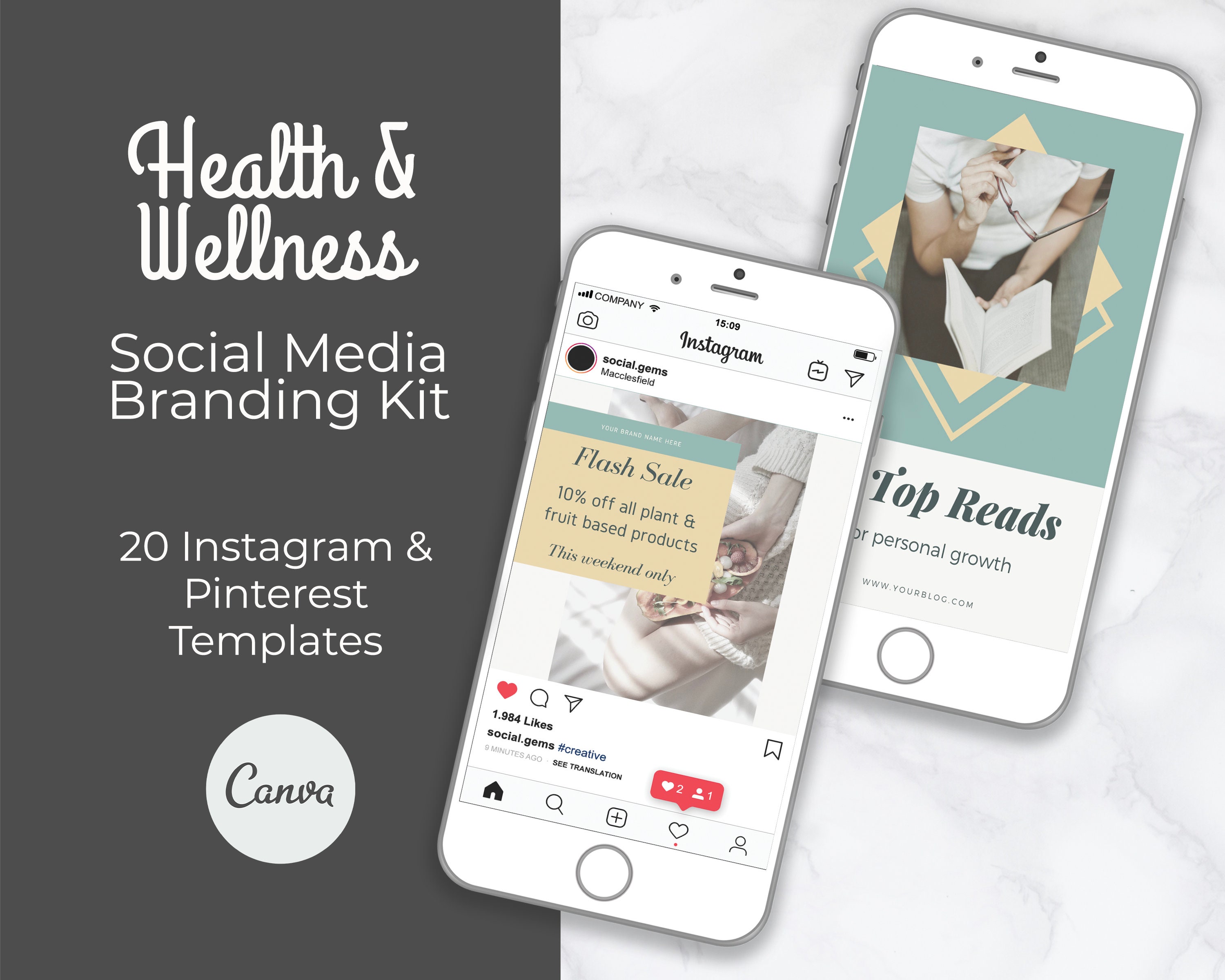 Health and Wellness Social Media Kit for Canva Green Etsy