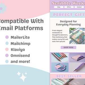 K&ouml;nnte beinhalten: Werbegrafik f&uuml;r Scribble Works in Pastellfarben, die Schreibwaren wie Notizb&uuml;cher und Stifte zeigt. Das Design hebt die Kompatibilit&auml;t mit E-Mail-Plattformen wie MailerLite und Mailchimp hervor und bewirbt die t&auml;gliche Planung.