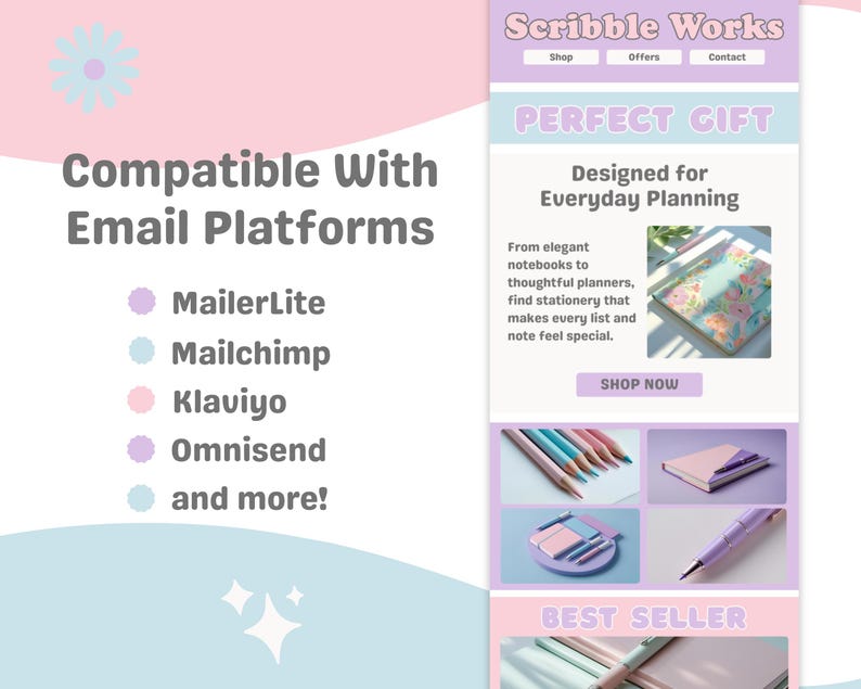 K&ouml;nnte beinhalten: Werbegrafik f&uuml;r Scribble Works in Pastellfarben, die Schreibwaren wie Notizb&uuml;cher und Stifte zeigt. Das Design hebt die Kompatibilit&auml;t mit E-Mail-Plattformen wie MailerLite und Mailchimp hervor und bewirbt die t&auml;gliche Planung.