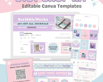 Editable Pastel Etsy Shop Kit Canva, Aesthetic Shop Branding & Templates