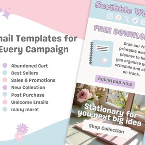 K&ouml;nnte beinhalten: Werbegrafik f&uuml;r Scribble Works, die E-Mail-Vorlagen f&uuml;r verschiedene Kampagnen bewirbt. Sie enth&auml;lt einen kostenlosen, druckbaren Wochenplaner zum Herunterladen, mit Text wie "Stationary for your next big idea" und einer Schaltfl&auml;che "Shop Collection".