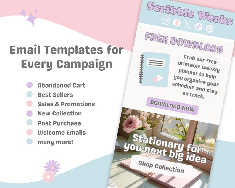 K&ouml;nnte beinhalten: Werbegrafik f&uuml;r Scribble Works, die E-Mail-Vorlagen f&uuml;r verschiedene Kampagnen bewirbt. Sie enth&auml;lt einen kostenlosen, druckbaren Wochenplaner zum Herunterladen, mit Text wie "Stationary for your next big idea" und einer Schaltfl&auml;che "Shop Collection".