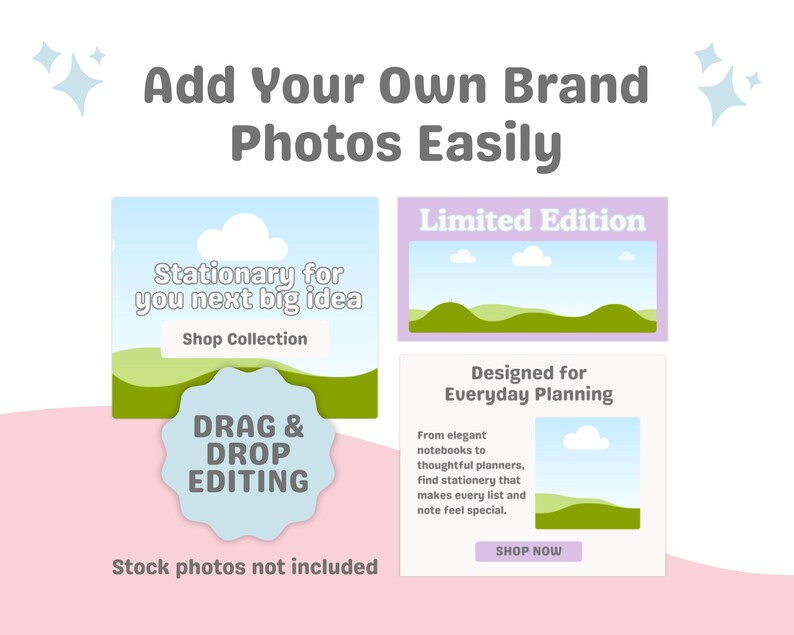 K&ouml;nnte beinhalten: Werbung mit dem Text &bdquo;F&uuml;gen Sie ganz einfach Ihre eigenen Markenbilder hinzu&ldquo;. Das Bild enth&auml;lt drei Mockups mit Text wie &bdquo;Station&auml;r f&uuml;r Ihre n&auml;chste gro&szlig;e Idee&ldquo; und &bdquo;Entworfen f&uuml;r die t&auml;gliche Planung&ldquo;.